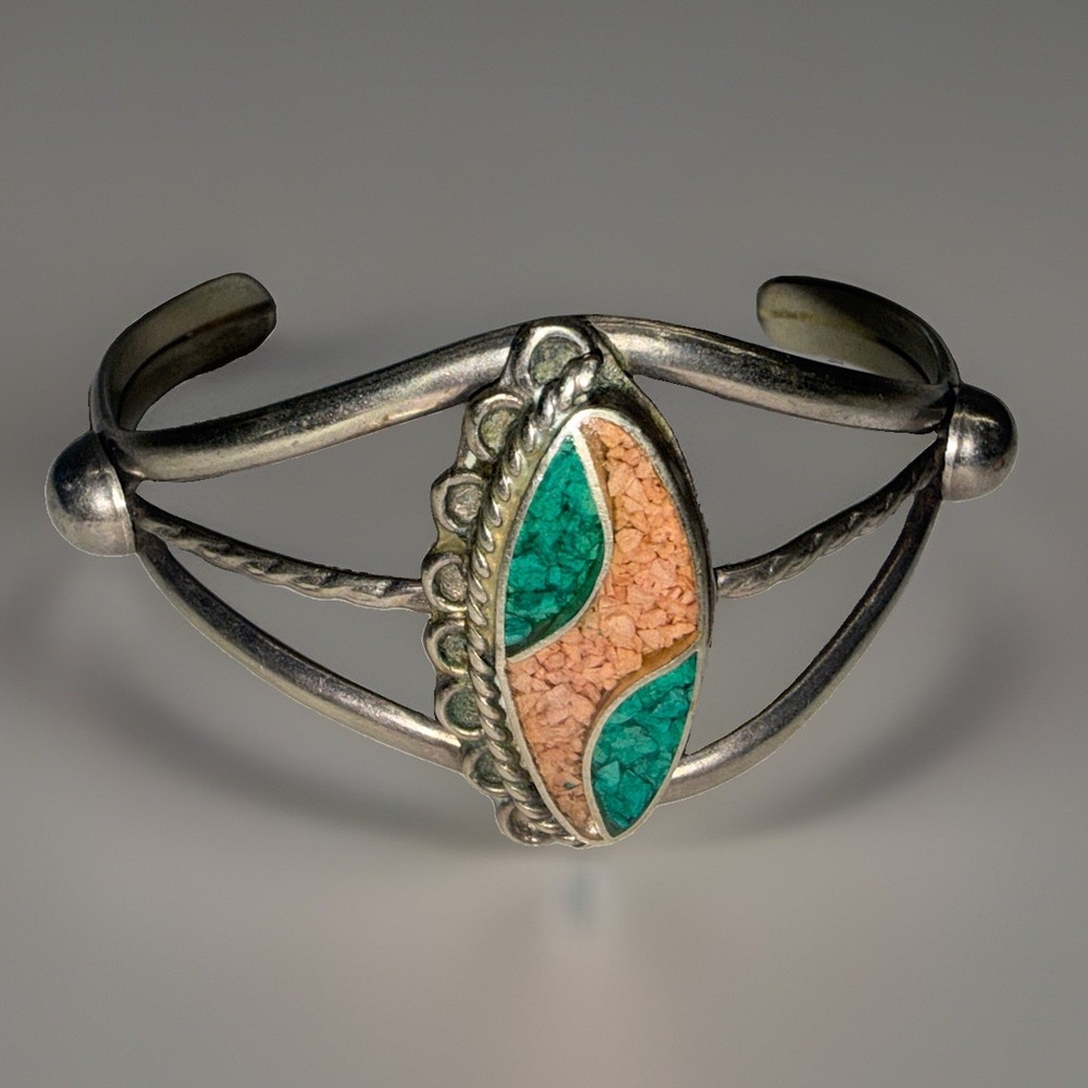 Vintage Alpaca Mexico Cuff Bracelet Turquoise Coral Chip Inlay Southwestern